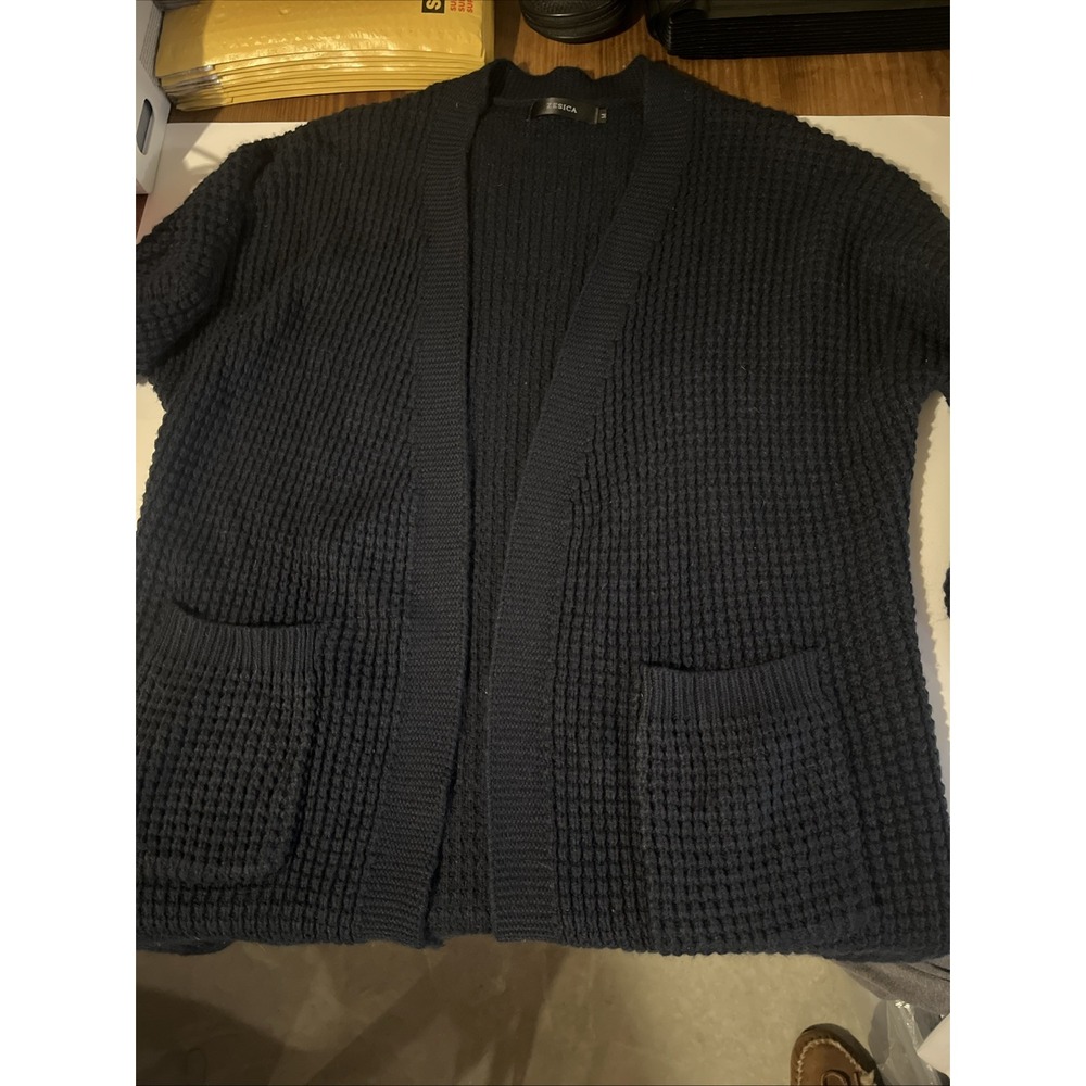 Zesica Cardigan Women’s Medium Sweater Pockets Waffle Knit Cozy Open Front Navy